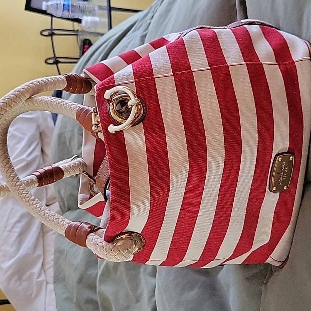 Michael Kors canvas red & white stripe nautical tote w/rope handles